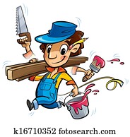 Busy cartoon carpenter character doing many things at same time Busy cartoon carpenter character doing many things at same time