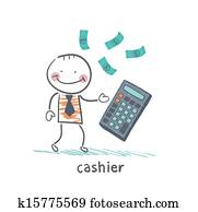 cashier counts money on calculator