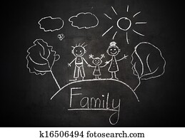 child's drawing with chalk on school blackboard happy family child's drawing with chalk on school blackboard happy family
