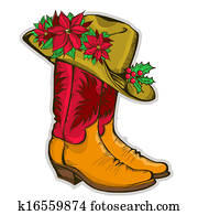 Christmas Cowboy boots and western hat with holiday decoration Christmas Cowboy boots and western hat with holiday decoration