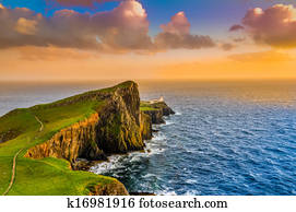 coloridos, oceânicos, costa, pôr do sol, em, Neist, ponto, farol, escócia