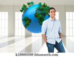 Composite image of smiling casual man standing