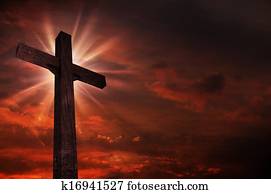 crucifixo, em, pôr do sol