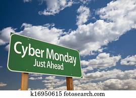 cyber, lunes, sólo, adelante, verde, muestra del camino, y, nubes