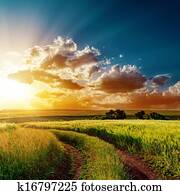 dramatic sunset over road in fields