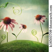 Echinacea flowers in fantasy landscape Echinacea flowers in fantasy landscape