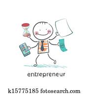 entrepreneur holding a calculator, money, hourglass, documents entrepreneur holding a calculator, money, hourglass, documents