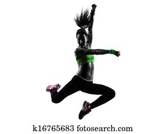 frau, trainieren, gesundheit, zumba, tanzen, springende, silhouette frau, trainieren, gesundheit, zumba, tanzen, springende, silhouette
