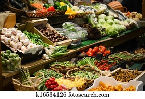 Fruit market with various colorful fresh fruits and vegetables - Market series