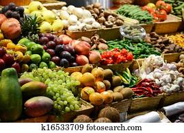 Fruit market with various colorful fresh fruits and vegetables - Market series