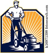 Gardener Mowing Lawn Mower Retro Gardener Mowing Lawn Mower Retro