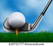 Golf ball and club in front of grass Golf ball and club in front of grass