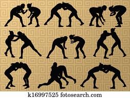 griechischer, romanische, ringen, aktiv, junge frauen, sport, silhouetten, vektor, abstrakt, hintergrund, abbildung griechischer, romanische, ringen, aktiv, junge frauen, sport, silhouetten, vektor, abstrakt, hintergrund, abbildung