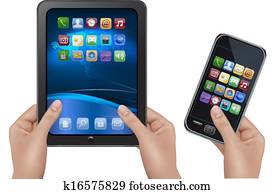 Hands holding digital tablet computer with icons. Vector illustration