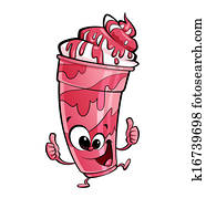 Happy cartoon anthropomorphic strawberry milkshake character smiling making a thumb up gesture Happy cartoon anthropomorphic strawberry milkshake character smiling making a thumb up gesture