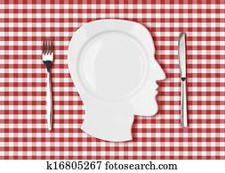 head dish or plate on red picnic tablecloth with knife and fork head dish or plate on red picnic tablecloth with knife and fork