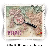 Label for Rome tourist products ads stylized as post stamp Label for Rome tourist products ads stylized as post stamp