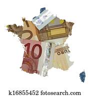 landkarte, von, frankreich, mit, euro- banknoten, hintergrund
