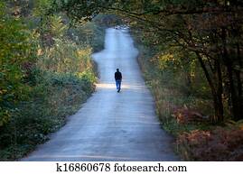 man walking alone on the road in the forest