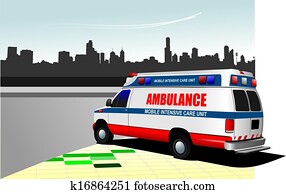 Modern ambulance van on city background. Colored vector illustration Modern ambulance van on city background. Colored vector illustration