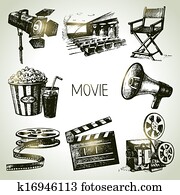 Movie and film set. Hand drawn vintage illustrations Movie and film set. Hand drawn vintage illustrations