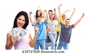 mujer feliz, con, dinero.