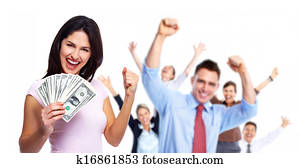 mujer feliz, con, dinero.