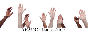 Mulit-cultural hands raised upward