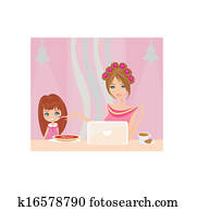 mãe criança, comer, uma pressa