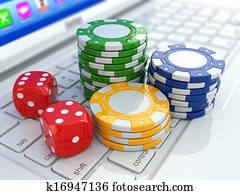 Online casino. Dices and chips on laptop. Online casino. Dices and chips on laptop.