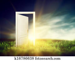 Open door on the green field. Conceptual Open door on the green field. Conceptual