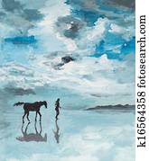 peaceful scene, man and horse running on water