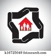 protección, o, seguridad, de, casa, o, hogar, con, familia, concepto, vector., el, gráfico, también, representa, casa seguro, ventaja, protección, seguro, negocio bienes raíces, tratos, personal, y, seguro médico, etc