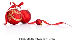 Red christmas decoration balls with ribbon bow isolated on white background Red christmas decoration balls with ribbon bow isolated on white background