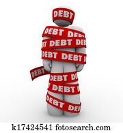 schuld, mann, eingewickelt, in, band, budget, defizit