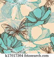 seamless, תבנית, עם, תקציר, פרחים, ו, קישוטי, butterflies,, hand-drawing.