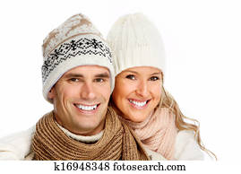 sonreír feliz, pareja, en, invierno, clothing.