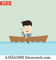 spotprent, zakenmens, het roeien van een boot, -, vector, illustratie, -, eps10