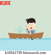 spotprent, zakenmens, het roeien van een boot, -, vector, illustratie, -, eps10