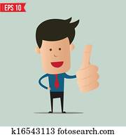 spotprent, zakenmens, weergeven, beduimelt omhoog, -, vector, illustratie, -, eps10