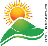 Sun with swoosh rays and hills logo