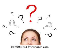 Thinking woman looking up on many question signs above head isolated