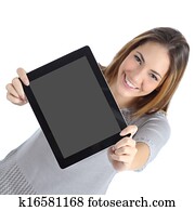 Top view of a woman showing a blank digital tablet screen