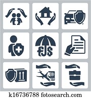 Vector insurance icons set: family insurance, home insurance,auto insurance, life insurance, deposit insurance, insurance policy, insurance of goods, travel insurance, business risk insurance