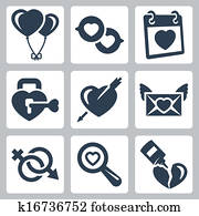 Vector isolated love icons set: baloons, speech bubbles, Valentine's Day, lock, heart and arrow, love letter, gender symbol, search, broken heart