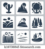 Vector nature icons set: desert, mountains, forest, meadow, snow-covered mountains, conifer forest, field, sea, lake Vector nature icons set: desert, mountains, forest, meadow, snow-covered mountains, conifer forest, field, sea, lake