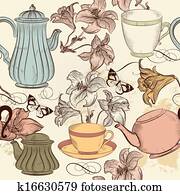 Vector seamless wallpaper with hand drawn cups of tea and lily in vintage style Vector seamless wallpaper with hand drawn cups of tea and lily in vintage style