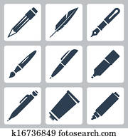 Vector writing and painting tools icons set: pencil, feather, fountain pen, brush, pen, marker, mechanical pencil, tube of paint Vector writing and painting tools icons set: pencil, feather, fountain pen, brush, pen, marker, mechanical pencil, tube of paint