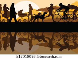Walking, running and cycling in nature park landscape background illustration vector