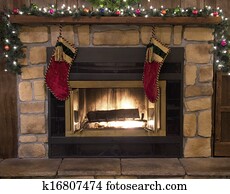 Weihnachten, kaminofen, herd, mit, kranz, und, strümpfe Stock Foto